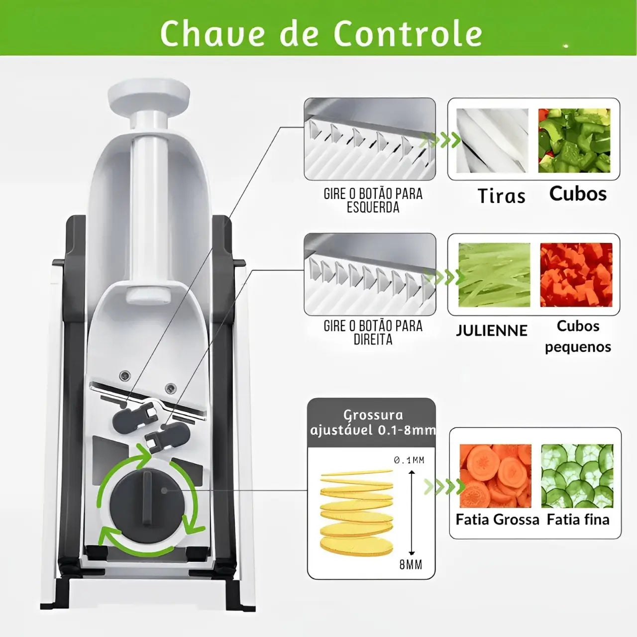 Fatiador Multifuncional, Lâminas de Aço Inox, Fatiador de Alimentos Versátil, Cortador de Legumes 5 em 1, Fatiador para Cozinha Compacta e Prática, Cortador de Vegetais com Ajustes de Precisão