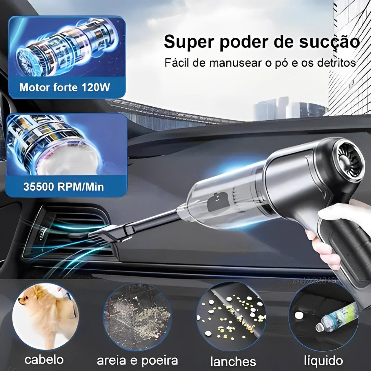 PowerClean™ Aspirador Portátil 3 em 1 – Compacto, Prático e Potente