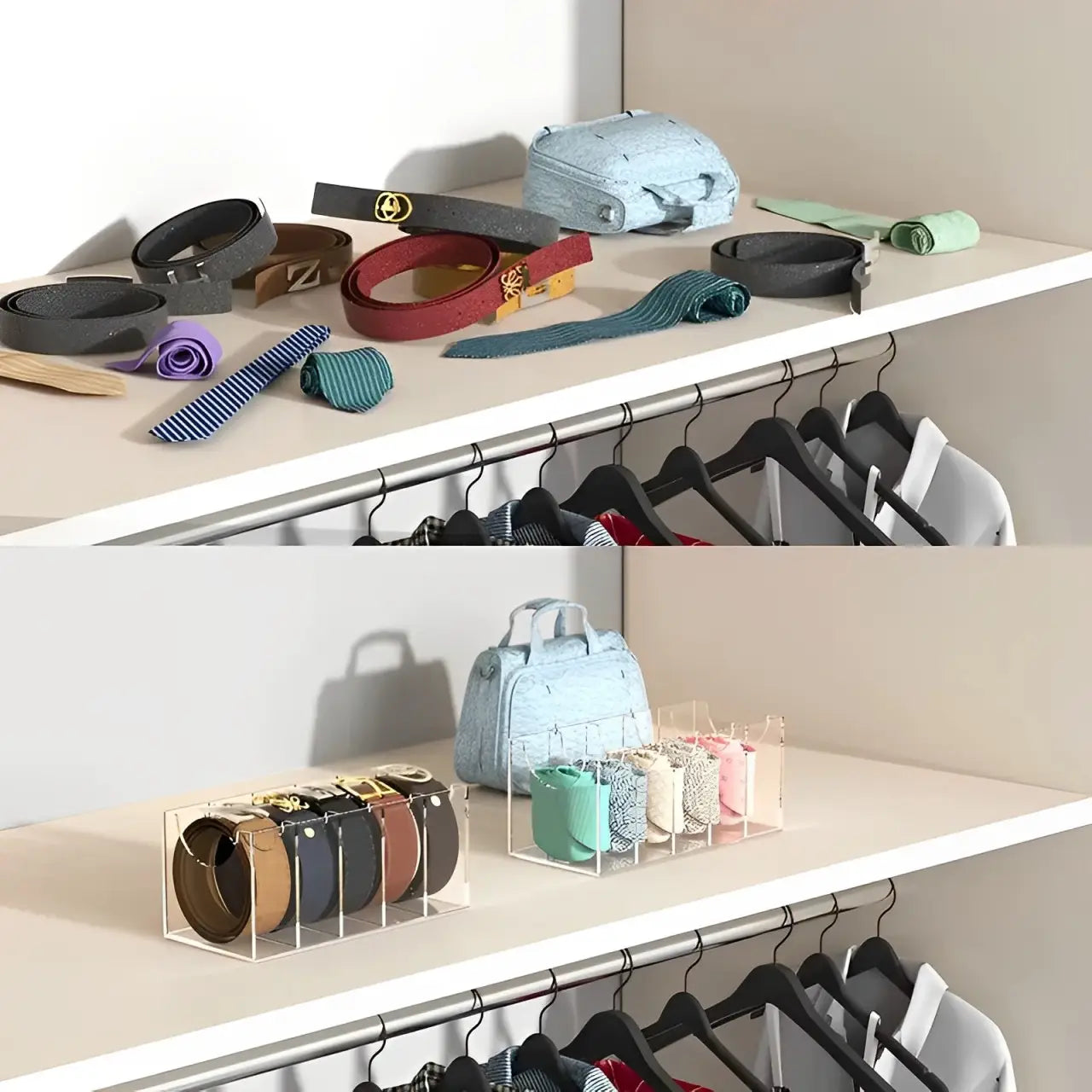 Organizador de cintos, acrílico transparente, organizador de acessórios em acrílico, organizador compacto para closets, organizador de cintos e gravatas ClearBelt™, solução prática para organizar cintos e acessórios