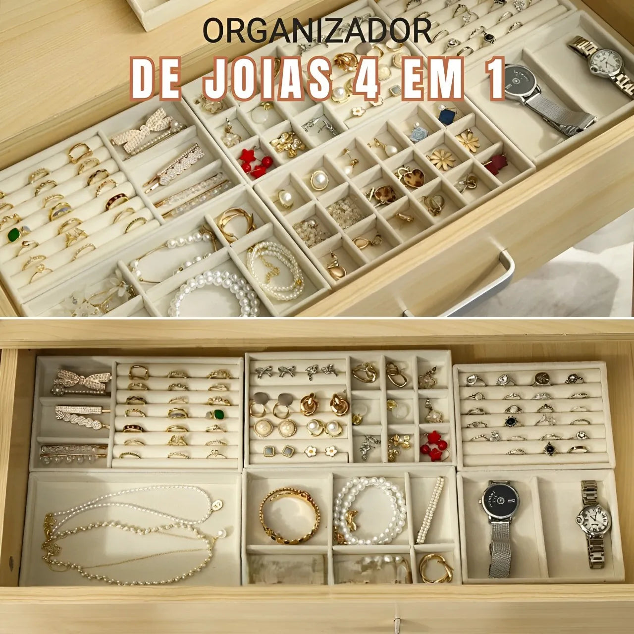 organizador de joias, caixa para joias, organizador de acessórios, organizador de bijoux, organizador de joias 4 em 1, caixa organizadora de joias aveludada