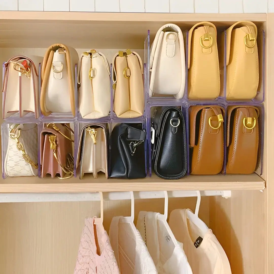 Organizador de bolsas, divisórias acrílicas, organizador de bolsas com divisória, organizador de bolsas para closets, organizador de bolsas acrílico resistente, organizador para bolsas e acessórios compactos